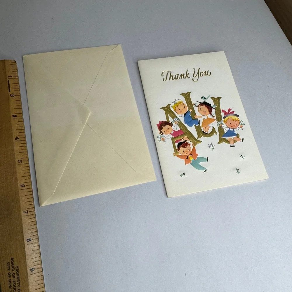 Vintage‎ Rust Craft Thank You Card Children Birds Mid Century Unused